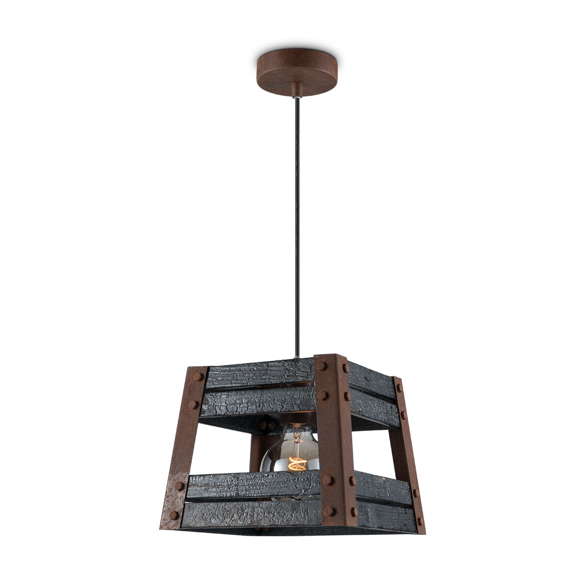 Tangla lighting - TLP4111-01RSBK - LED Ceiling lamp 1 Light - metal + burned FSC wood - rusty + black - carbon - E27