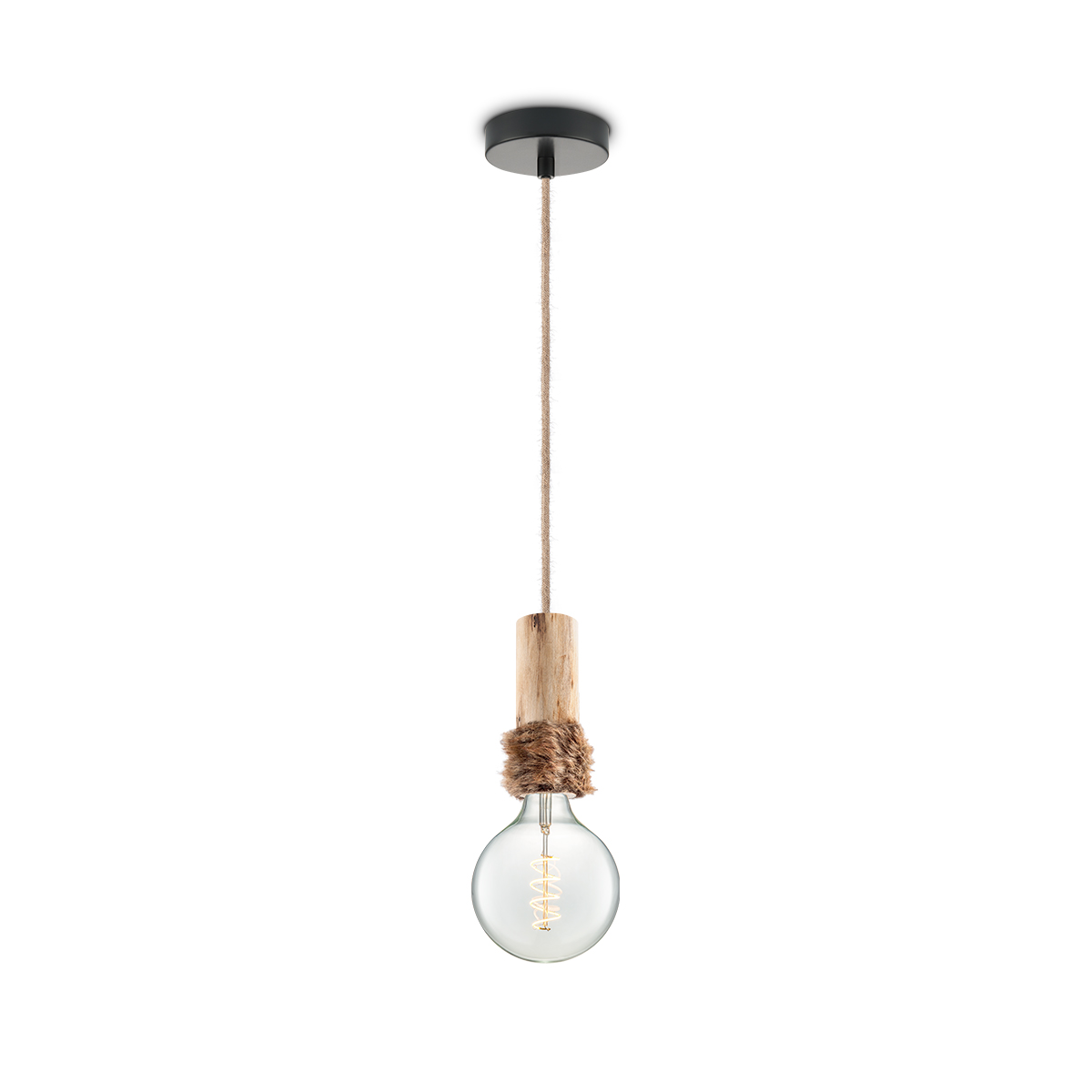 Tangla lighting - TLP7057-12NT - LED Pendant lamp 1 Light - metal + FSC wood + fur -  natural - medium - E27