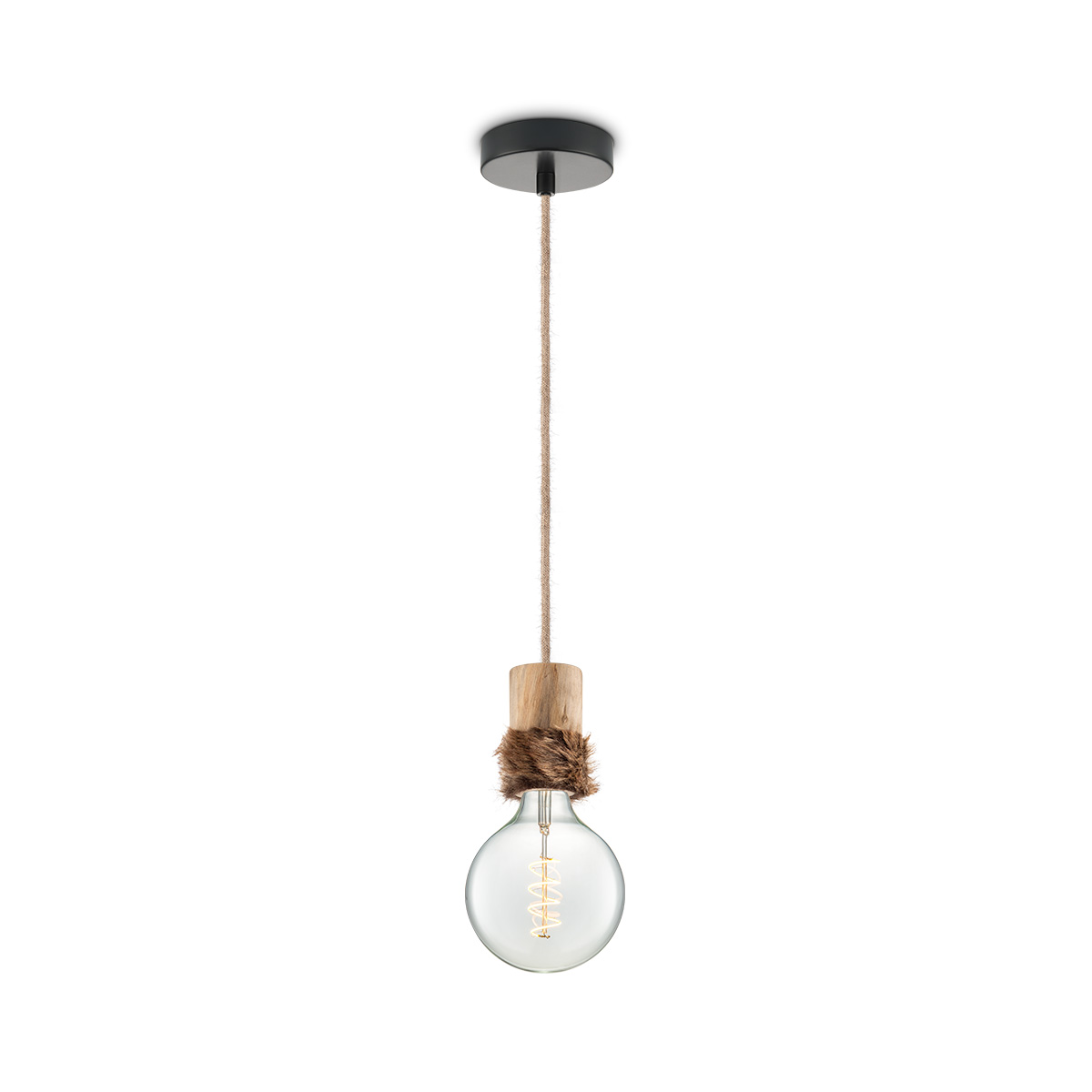 Tangla lighting - TLP7057-08NT - LED Pendant lamp 1 Light - metal + FSC wood + fur -  natural - small - E27
