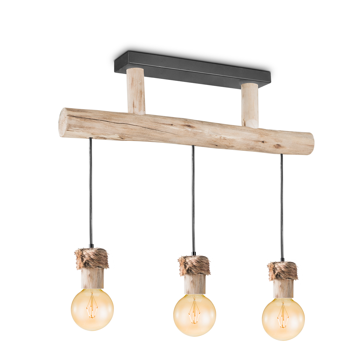 Tangla lighting - TLP4113-03SB - LED Pendant lamp 3 Lights - metal + FSC wood + fur - sand black + natural - bar - E27