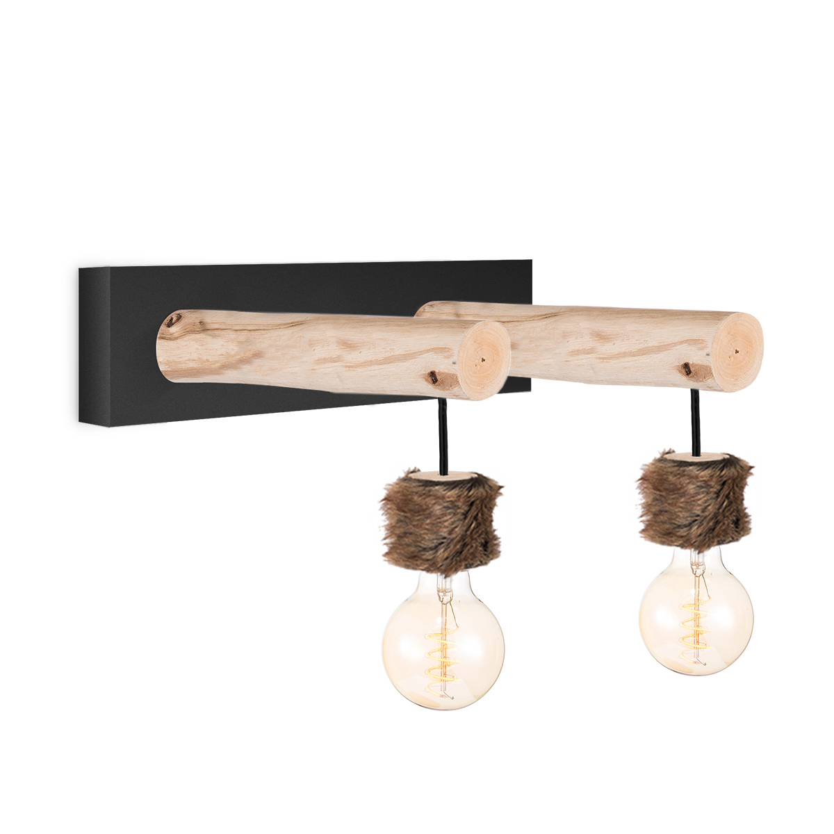 Tangla lighting - TLW3018-02SB - LED Wall lamp 2 Lights - metal + FSC wood + fur - sand black + natural angling - E27