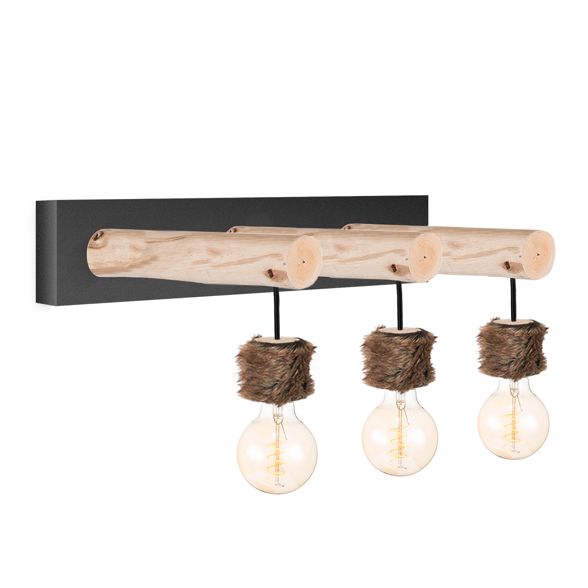 Tangla lighting - TLW3018-03SB - LED Wall lamp 3 Lights - metal + FSC wood + fur - sand black + natural angling - E27