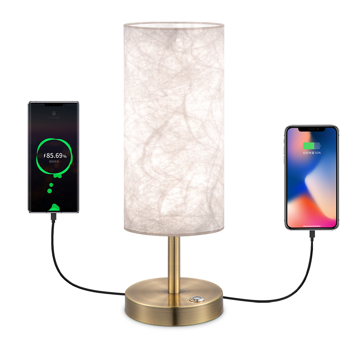 Tangla lighting - TLT7640-01BW - LED table lamp 1 Light - metal and fabric in white and brass - rechargeable - USB type A and C  - E27